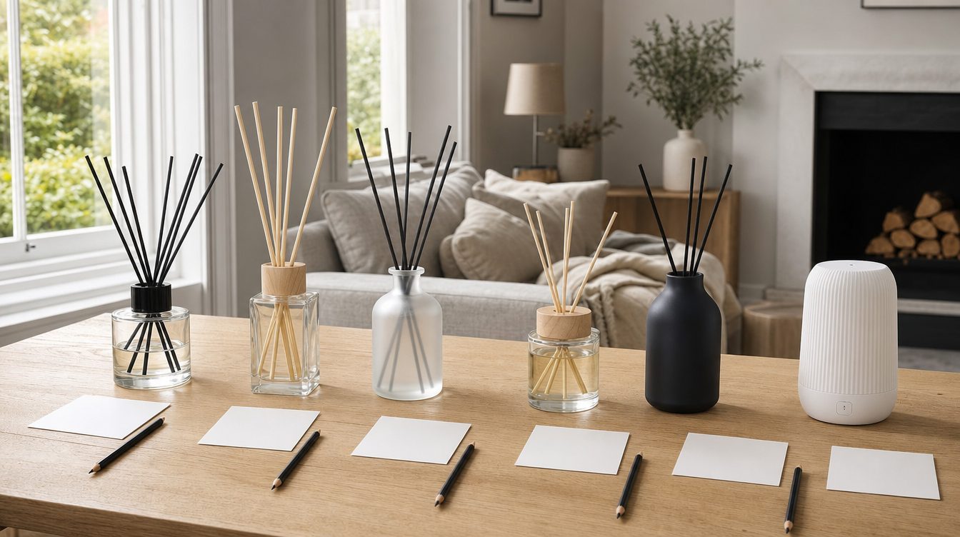 Six reed diffusers and a small electric diffuser lined up on an oak table with blank score cards, ready for a side-by-side smell test