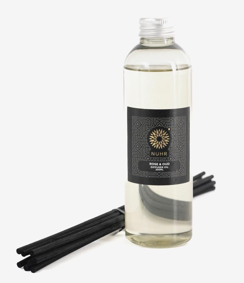 NUHR Rose and Oud 200ml reed diffuser refill oil with a fresh set of black reeds