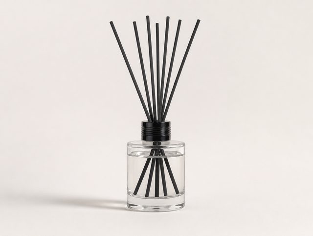 Illustrative clear glass reed diffuser with black fibre reeds