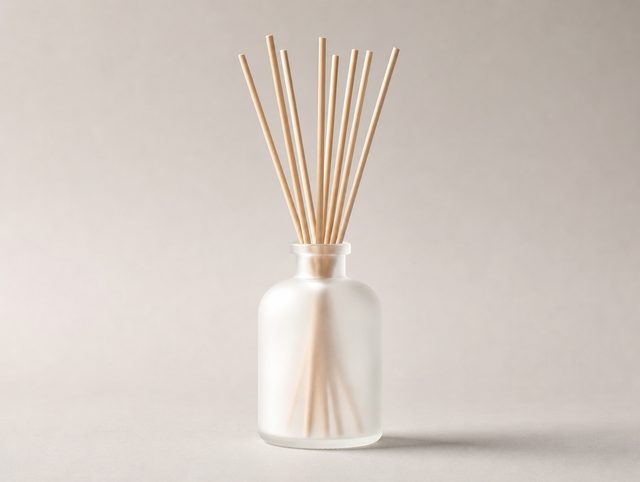 Illustrative frosted glass reed diffuser with natural rattan reeds