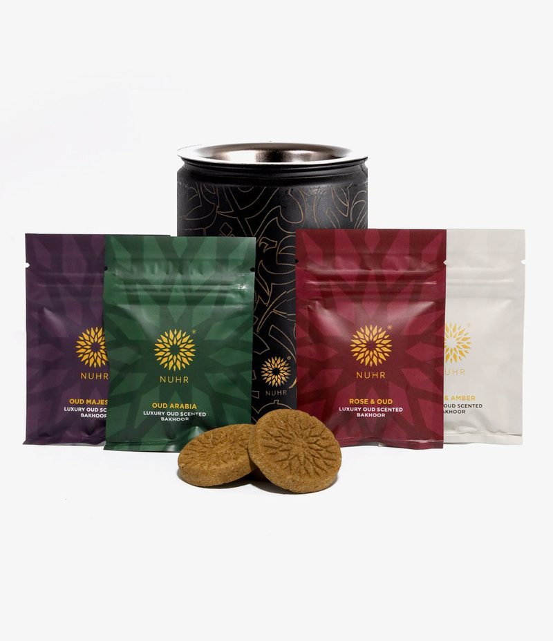 NUHR Home electric bakhoor burner with four pouches of oud bakhoor bricks