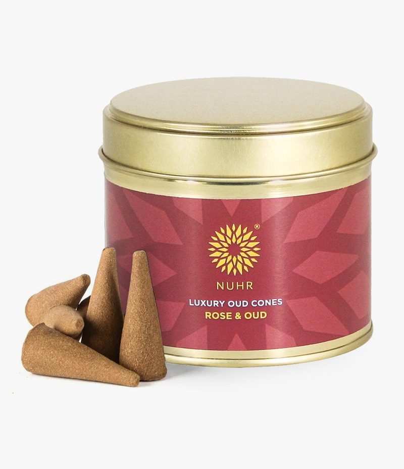 NUHR Rose and Oud luxury oud incense cones tin with cones in front
