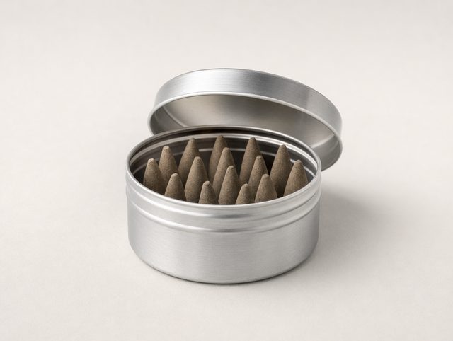 Illustrative round aluminium tin of incense cones with its lid open