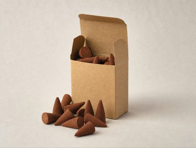 Illustrative kraft paper box of reddish-brown dhoop incense cones